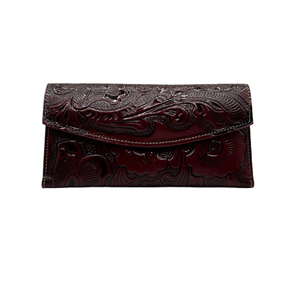 Women’s Dark Red Trifold Floral Tooled Leather Wallet